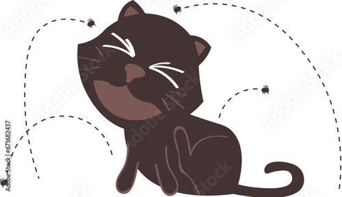 Cat with fleas scratching, itchy fur. Black cat surrounded and tormented by several parasites 
