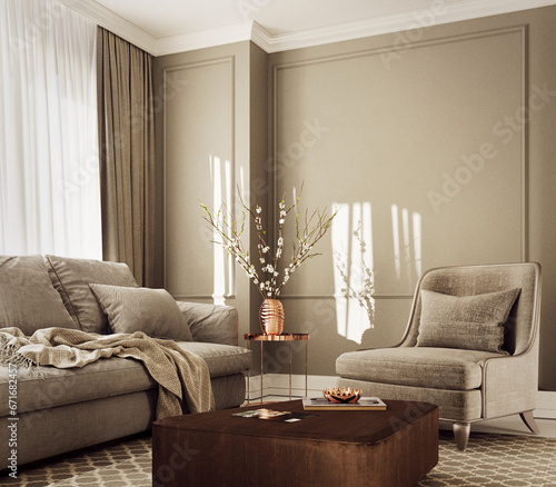 Sunlight in lliving room with grey sofa armchair and table.3d rendering photo