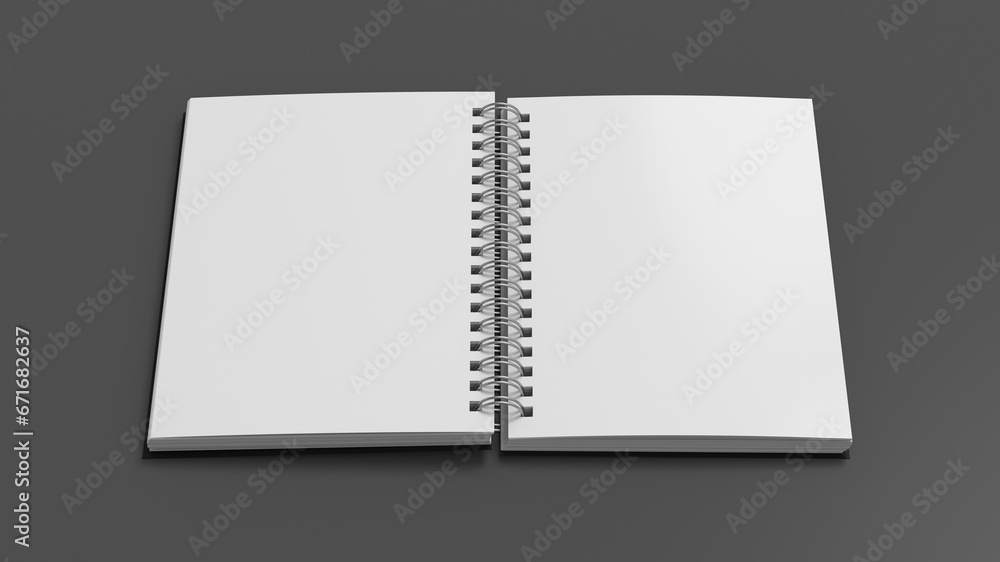 Notebook mockup. Blank notebook with black cover. Spiral notepad on gray background Notebook mockup. Blank notebook with black cover. Spiral notepad on gray background