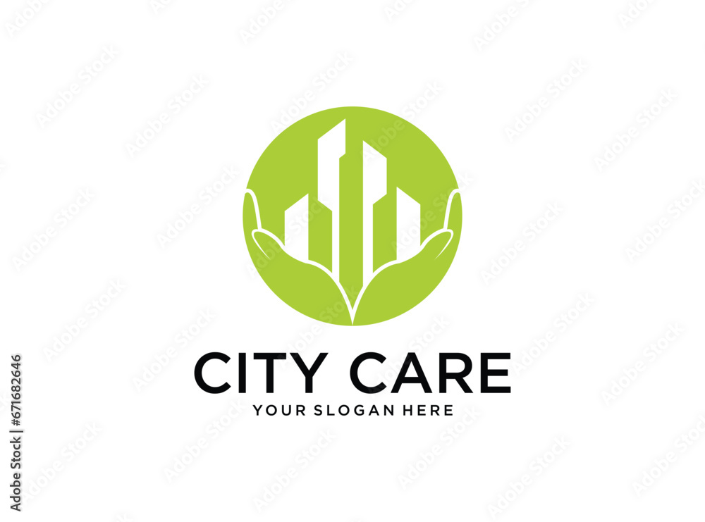 green nature city building care with hand logo design green nature city building care with hand logo design