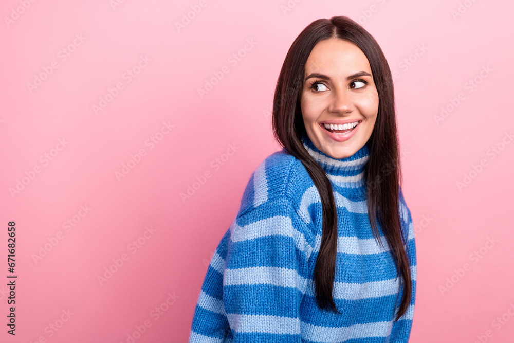 Profile portrait of cute cheerful person toothy smile look interested empty space ad isolated on pink color background Profile portrait of cute cheerful person toothy smile look interested empty space ad isolated on pink color background