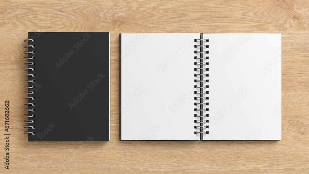 Notebook mockup. Closed and open blank notebook with black cover. Spiral notepad on wooden background Notebook mockup. Closed and open blank notebook with black cover. Spiral notepad on wooden background