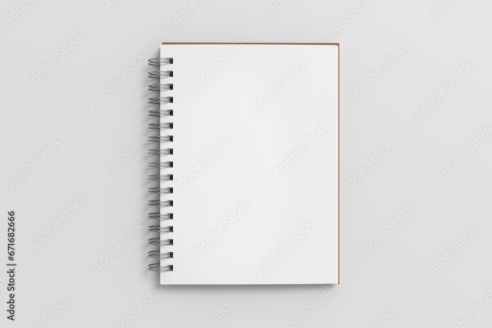 Notebook mockup. Opened blank notebook with craft paper cover. Spiral notepad on white background - obrazy, fototapety, plakaty 