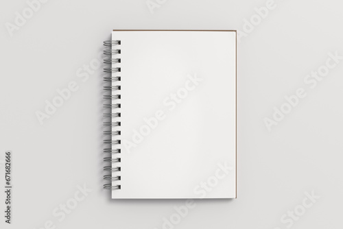 Notebook mockup. Opened blank notebook with craft paper cover. Spiral notepad on white background
