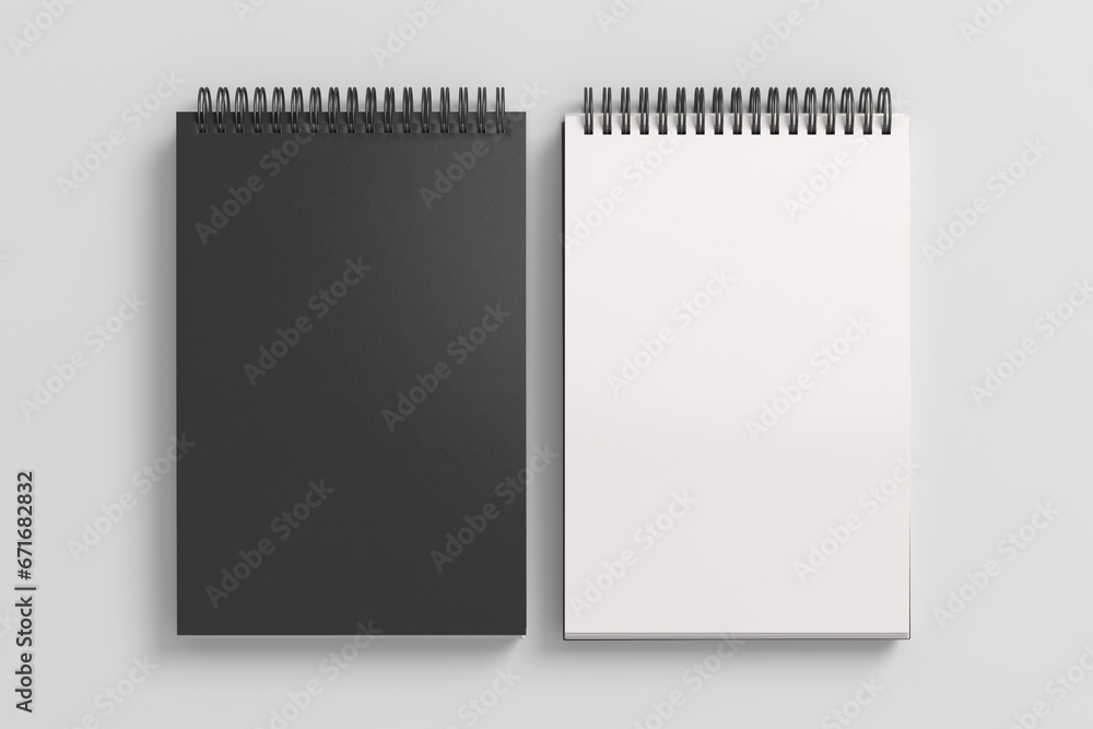 Notebook mockup. Closed and open blank notebook with black cover. Spiral notepad on white background Notebook mockup. Closed and open blank notebook with black cover. Spiral notepad on white background