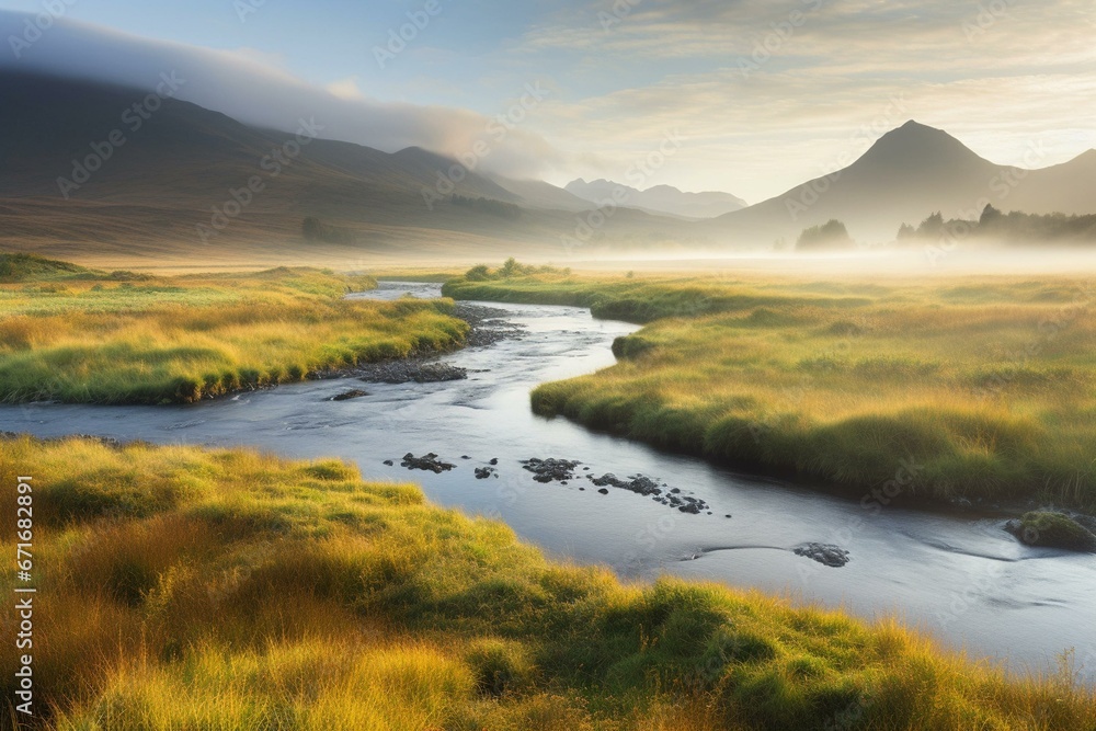 Scenic image of a meandering river in a picturesque field surrounded by majestic misty mountains. Generative AI