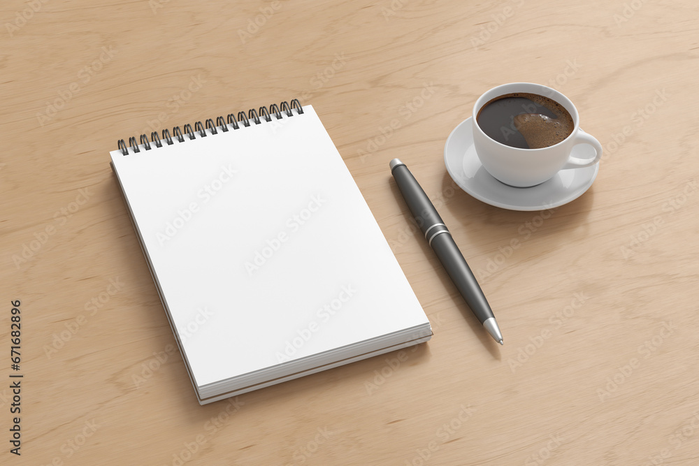 Notebook mockup. Blank workplace notebook. Spiral notepad on wooden desk Notebook mockup. Blank workplace notebook. Spiral notepad on wooden desk