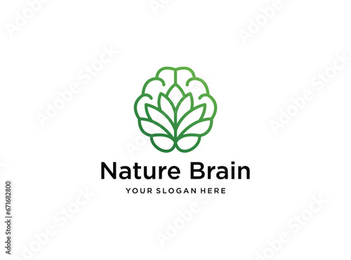 green nature lotus brain with line art style logo design
