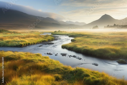 Scenic image of a meandering river in a picturesque field surrounded by majestic misty mountains. Generative AI