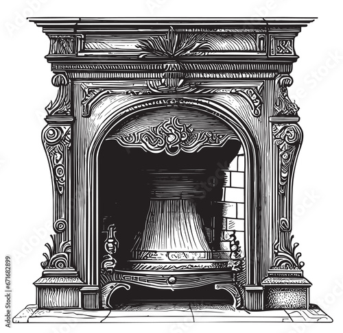 Retro fireplace hand drawn sketch Vector illustration Vintage
