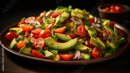 A plate of salad with avocado and tomatoes.