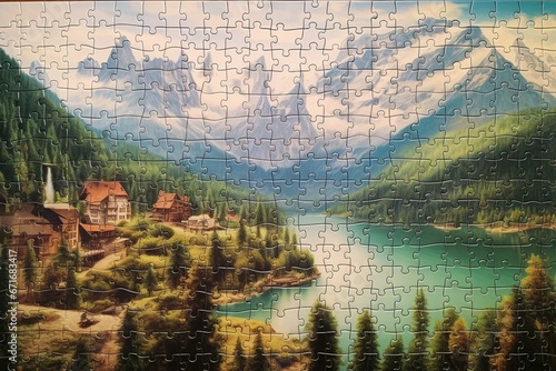 A puzzle with unfinished landscape, jigsaw, mountains, lake, leisure. Generative AI photo