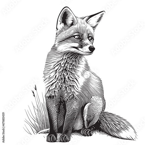 Wild fox sitting hand drawn sketch in doodle style llustration