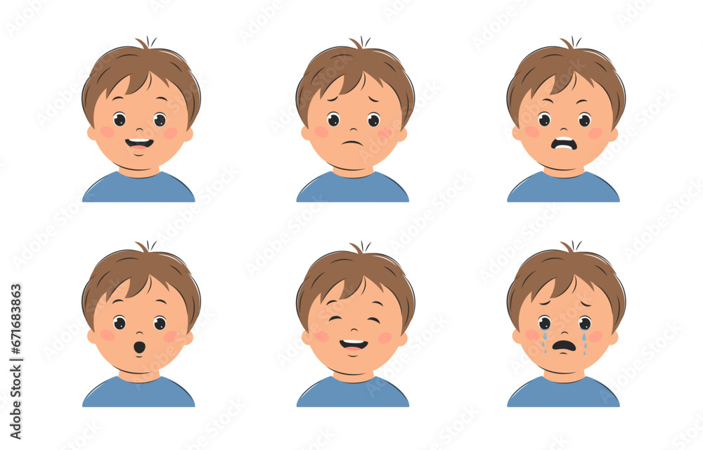 Face expressions boy kid. Different children's emotions set. Vector illustration Face expressions boy kid. Different children's emotions set. Vector illustration