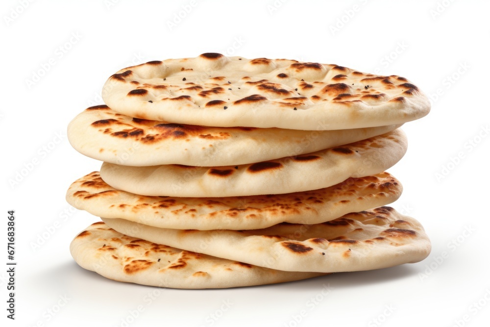 A stack of flatbreads on a white surface. Freshly baked naan bread. A stack of flatbreads on a white surface. Freshly baked naan bread.