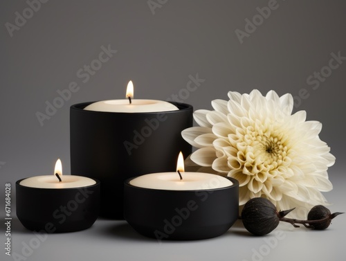 A group of three candles sitting next to a flower. Funeral symbols.