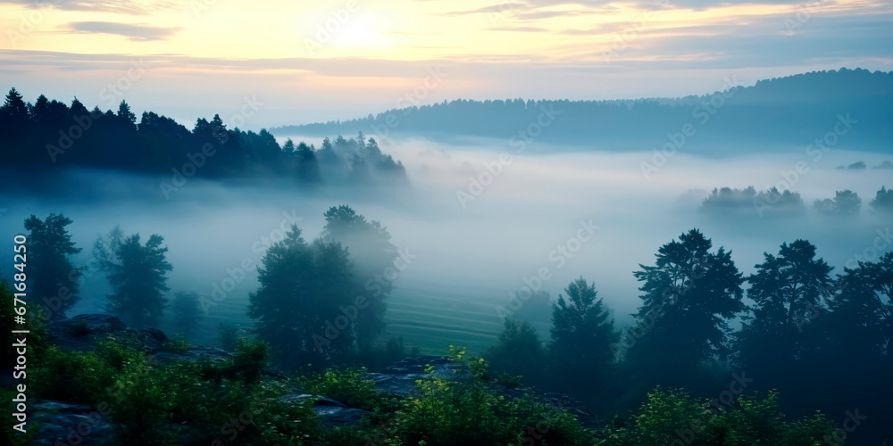 Fototapeta premium Peaceful scenes where landscapes are veiled in morning mist and fog.