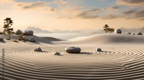 A captivating scene of a tranquil Zen garden, with meticulously raked sand and precisely placed stones, embodying peace and mindfulness photo