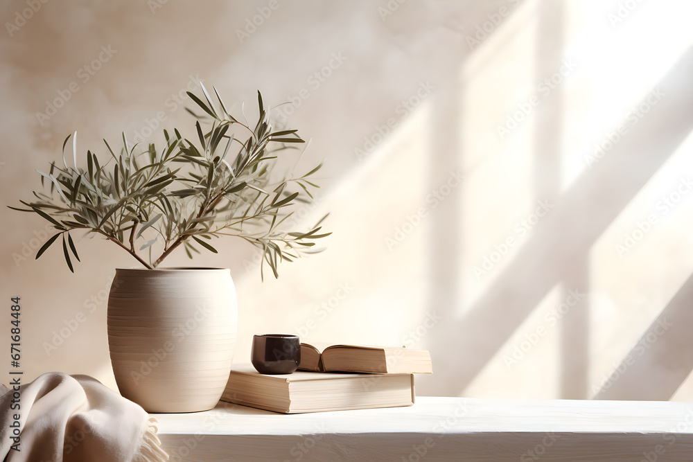 Neutral Mediterranean home design. Textured vase with olive tree branches, cup of coffee. Books on wooden table. Living room still life. Empty wall copy space. Modern interior, no people. Lateral view