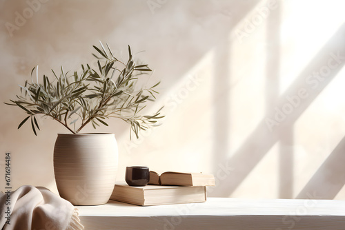 Neutral Mediterranean home design. Textured vase with olive tree branches  cup of coffee. Books on wooden table. Living room still life. Empty wall copy space. Modern interior  no people. Lateral view