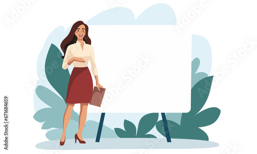 Flat vector illustration. A woman stands next to the banner and smiles, giving a presentation. Presentation and banner for a web site. Place for your text on the banner . Vector illustration
