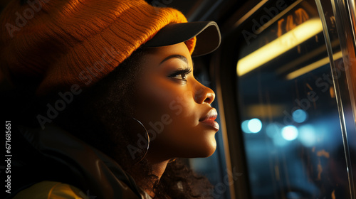 A woman on a train looking out the window, wearing an orange knitted hat in the style of hip hop aesthetics, captured the essence of the moment. Afro-Caribbean influence