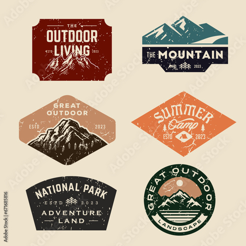 set collection of vintage adventure badge. Camping emblem logo with mountain illustration in retro hipster style.
