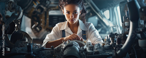Aerospace woman engineer work on maintaining an airplane jet engine. banner photo