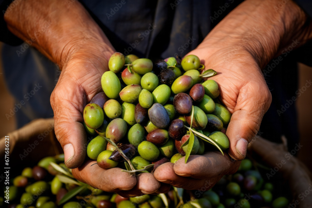 Farmer holding a heap of fresh harvested olives with leaves Farmer holding a heap of fresh harvested olives with leaves