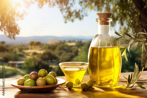 Glass container with oil and olives on wooden table outdoors