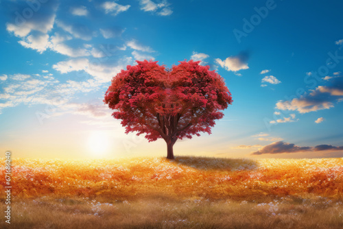 Red heart-shaped tree in the field, Valentines Day concept