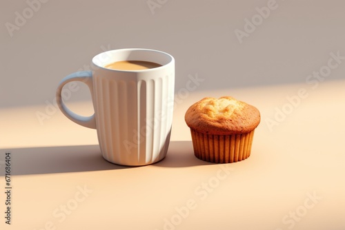 A cup of coffee next to a muffin.