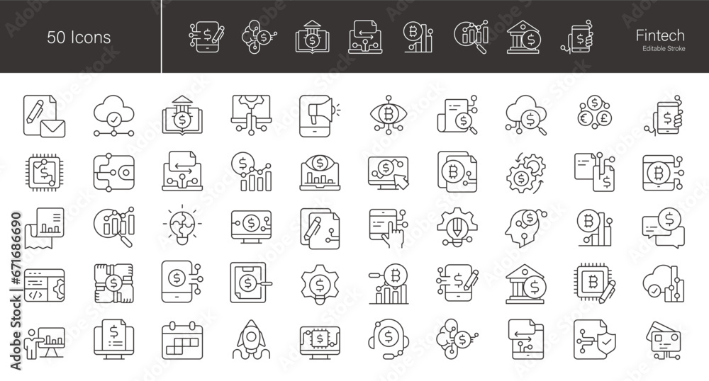 Fintech icon set.  50 editable stroke vector graphic elements, stock illustration Icon, Stock Market and Exchange, Financial Technology, Technology, Budget