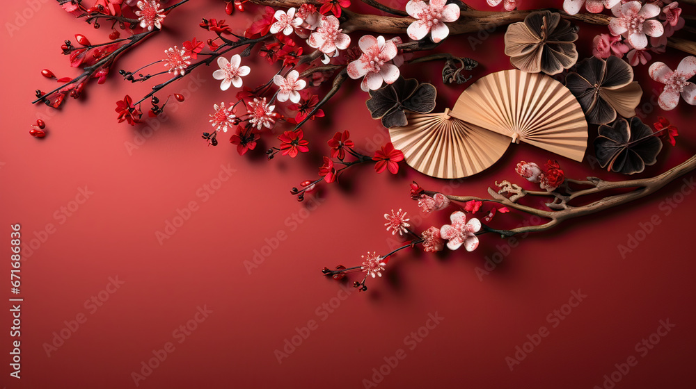  Traditional festival paper fans on red table. Happy Chinese New Year banner template