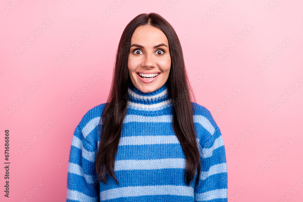 Portrait of impressed positive person beaming smile good mood cant believe knit turtleneck isolated on pink color background - obrazy, fototapety, plakaty 