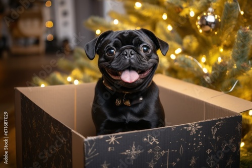 A black pug climbed into a box under the tree in a pile of Christmas presents. The dog is sitting in a Christmas box. Cute pets for Christmas card. Funny pets