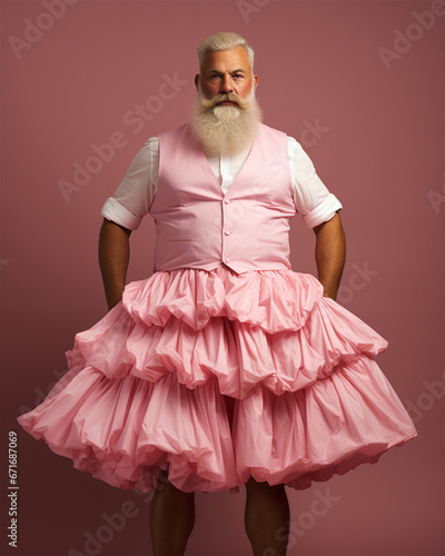  grey haired bearded fat man in a pink ballerina tutu on a pink background.concept of individuality and difference photo