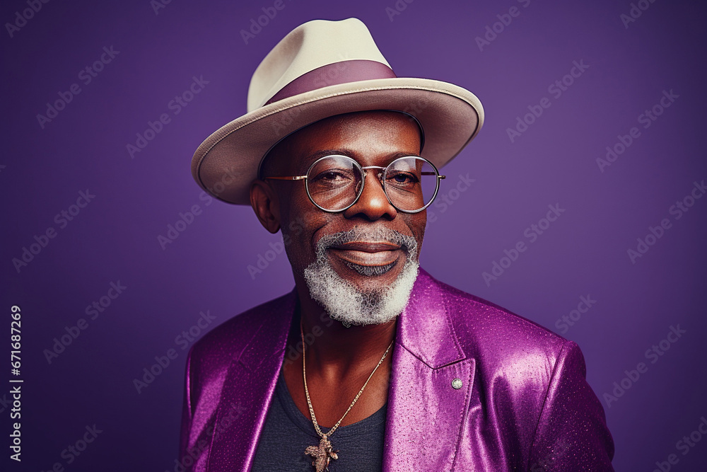 60 year old fashionable hipster African American man portrait on purple background 60 year old fashionable hipster African American man portrait on purple background