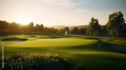 Golf course at sunset made with Ai generative technology, Property is fictional photo
