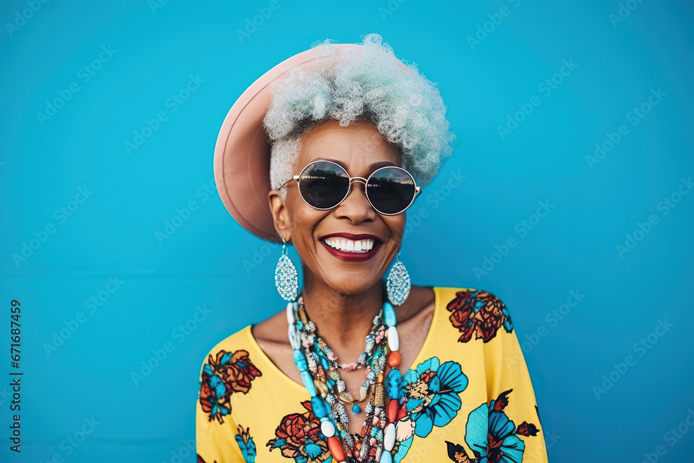 60 year old fashionable hipster African American woman portrait on blue background 60 year old fashionable hipster African American woman portrait on blue background