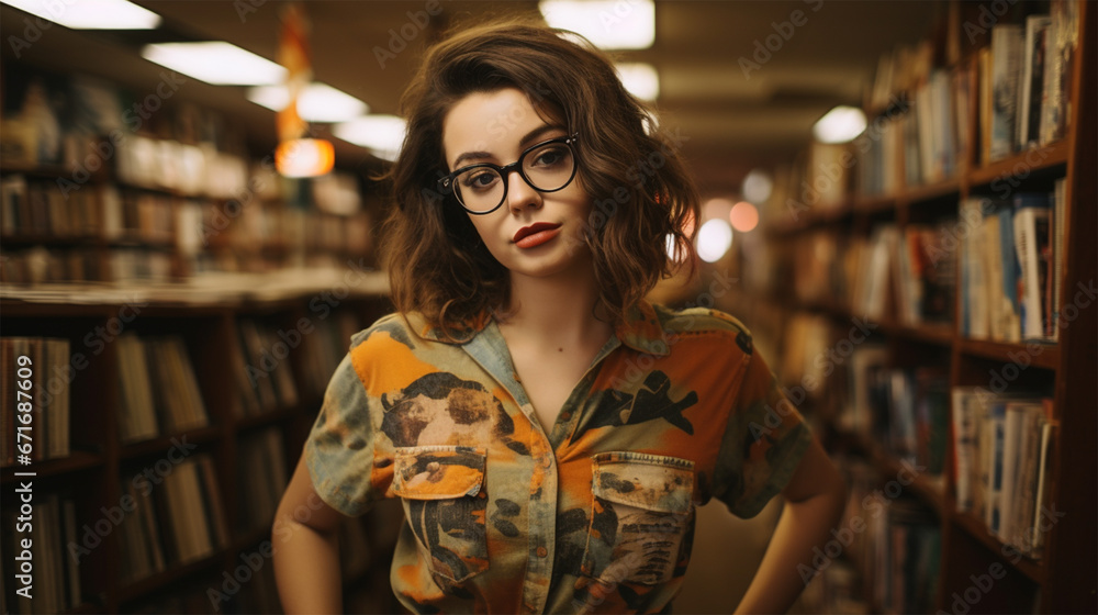 Portrait of a young woman with glasses in the library. Library and knowledge concept Portrait of a young woman with glasses in the library. Library and knowledge concept