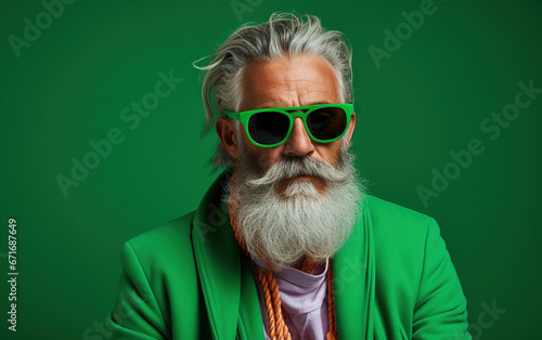 60 year old fashionable hipster man portrait on bright green background photo