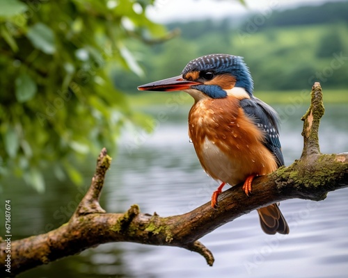 kingfisher on a branch overlooking a lake © Raanan