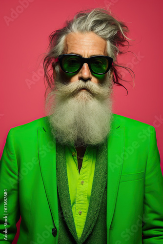 60 year old fashionable hipster man portrait on bright red background