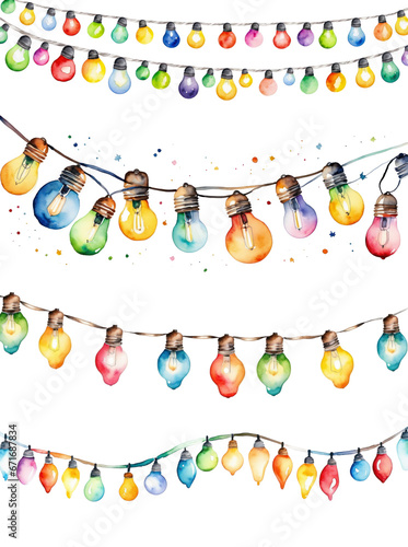 Colorful christmas lights, watercolor garlands isolated, transparent PNG