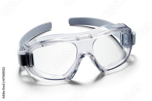 A pair of safety goggles on a white surface.
