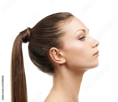 Beauty, hair and profile of woman isolated in studio with salon hairstyle, confidence and cosmetics. Haircare, natural aesthetic and face of model girl with healthy style growth on white background.