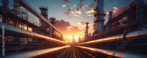 steel long gas or oil pipes in factory against sunset light. copyspace for your text.