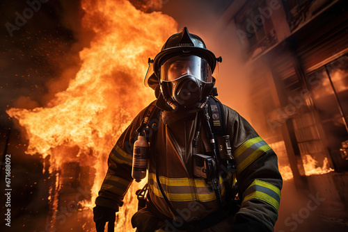 A male firefighter in full gear, including an oxygen mask, standing in front of a burning building with flames and smoke