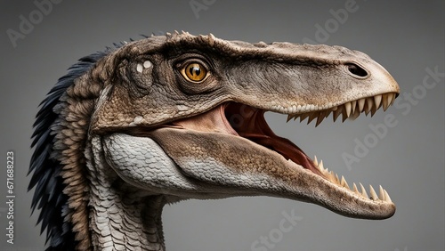 close up of a dinosaur  The Velociraptor was a noble creature that walked in the epic world  when the world was full of war  
